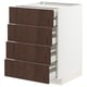Modern white kitchen cabinet with 4 dark brown wooden drawers, sleek handles, and clean design.