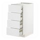White METOD kitchen unit with four partially open drawers, sleek and modern design.