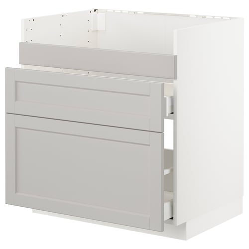 An ikea METOD light grey kitchen cabinet with beveled edges and drawers.