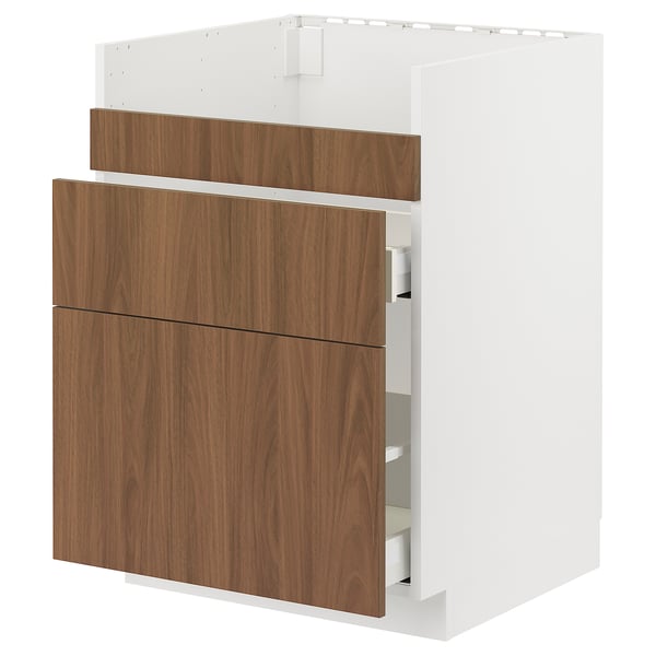 METOD kitchen unit in modern walnut, white frame. Two drawers, particleboard & melamine.