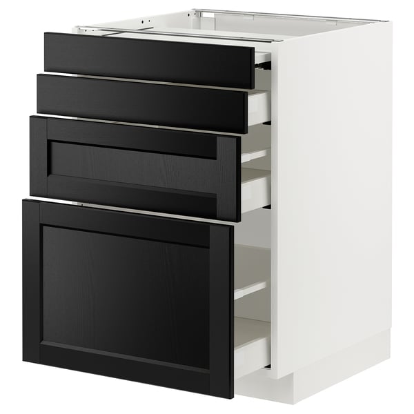 Modern kitchen cabinet with black stained wood drawers and white base, blending contemporary and traditional styles.