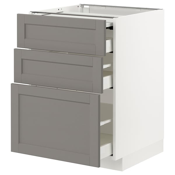 Modern white and grey kitchen cabinet with multiple drawers, sleek design.