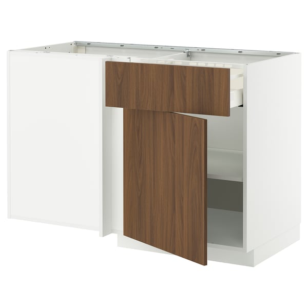 Modern white kitchen cabinet with walnut effect door and drawer, featuring adjustable shelves and sleek, minimalist design.