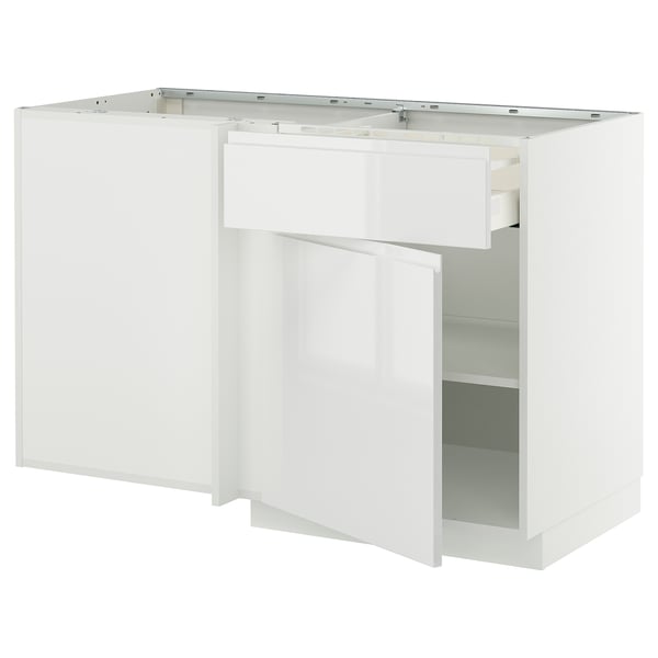 White modern kitchen cabinet, integrated handle, open shelf, high gloss.