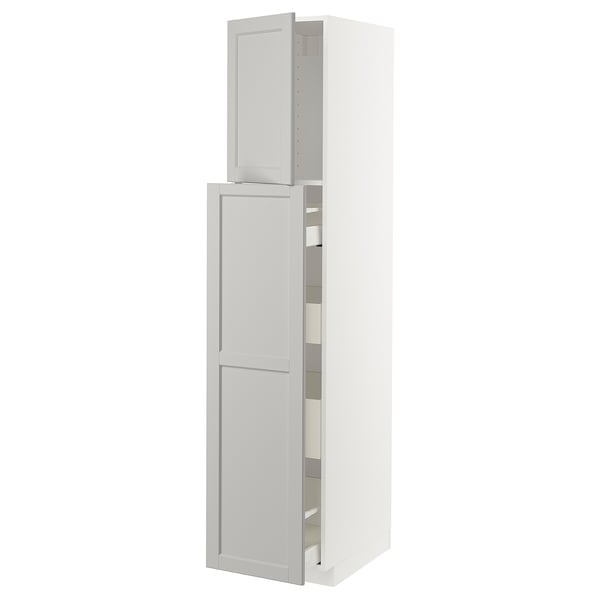 White METOD kitchen cabinet with light grey lerhyttan doors, beveled edges, and shelves. Tall, rectangular, classic design.