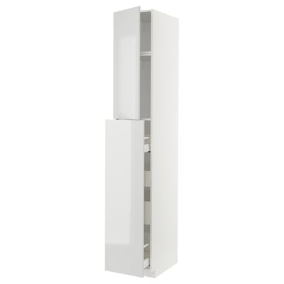 White high gloss kitchen cabinet, sleek and modern, tall with multiple compartments.