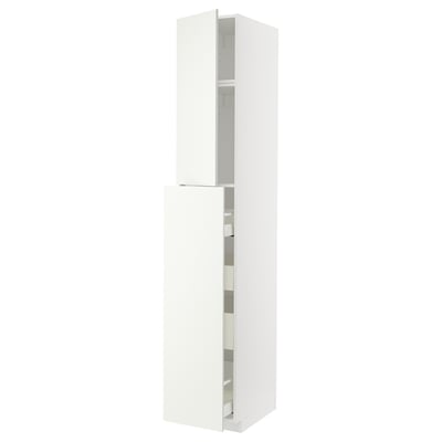 A white METOD kitchen cabinet. It has multiple shelves and a sleek, modern design.