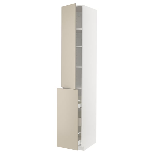 Modern kitchen cabinet in beige, tall with open shelves and drawers.