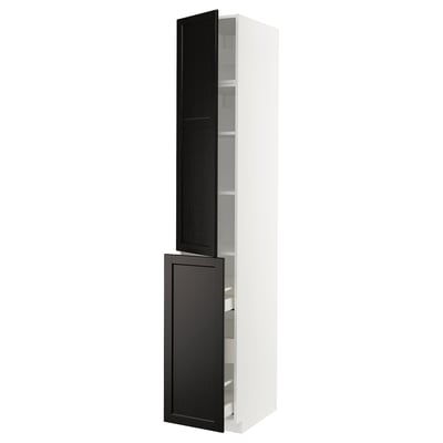 METOD kitchen cabinet: tall white storage unit with dark stained wood doors, bevelled edges, and adjustable shelves.
