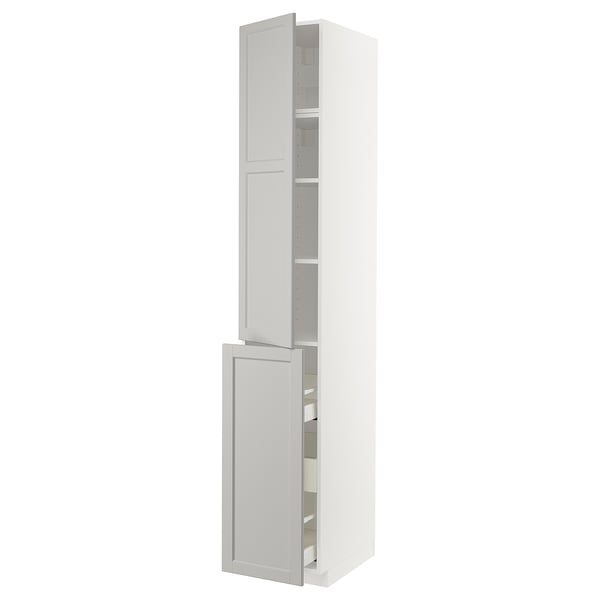 METOD tall white cabinet, light grey, classic design, adjustable shelves, smooth drawer.