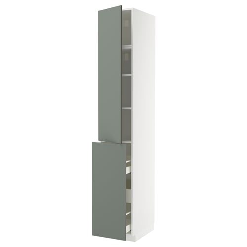 METOD kitchen cabinet. Tall, white with greenish-gray doors. Modern, sleek design with drawers and shelves.