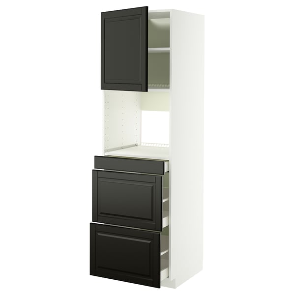 Black and white METOD kitchen unit with drawers and shelves.