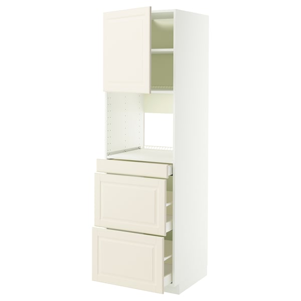 METOD kitchen unit, off-white, wood, tall, cabinet with shelves and drawers.