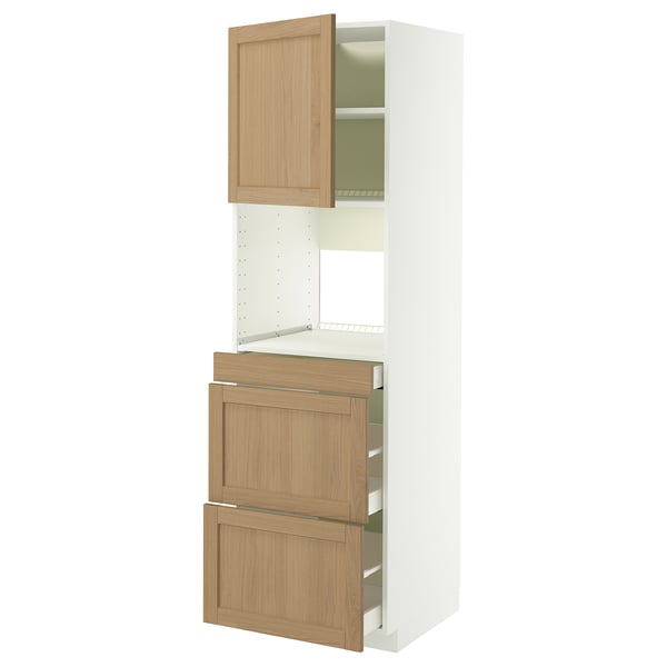 White METOD kitchen unit with oak-veneered doors and drawers, featuring a single open shelf and two pull-out drawers.