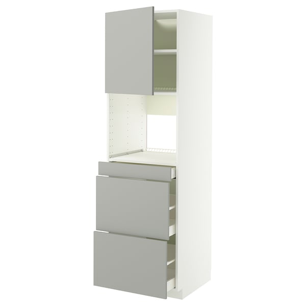 A white IKEA METOD kitchen cabinet with light grey drawers. It both drawers and doors with a modern, minimalist design.