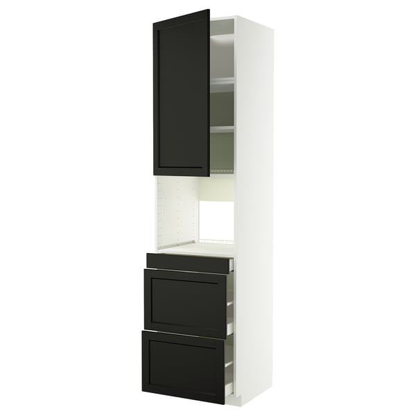 METOD kitchen unit with black stained wood, white frame, shelves, and drawers.