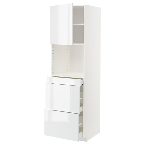 White glossy kitchen cabinet with multiple drawers and shelves.