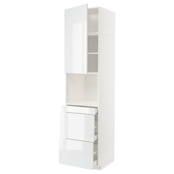 White high-gloss METOD kitchen cabinet with drawers and shelves.