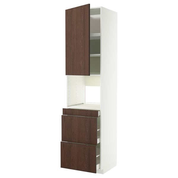 Tall kitchen unit with dark brown wood grain finish, white interior, and three drawers.