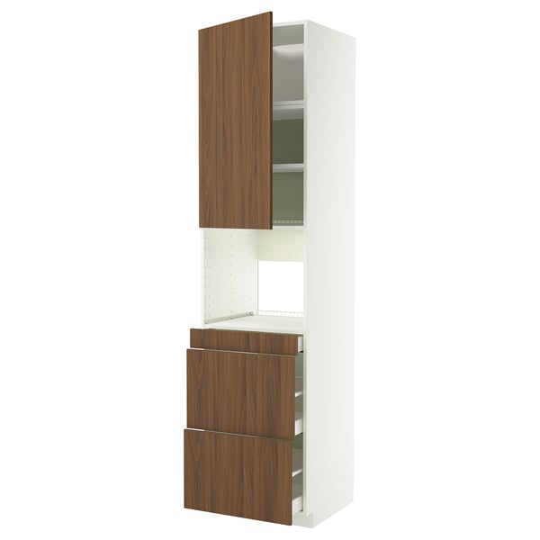 White kitchen unit with walnut drawers and doors, tall with open section.