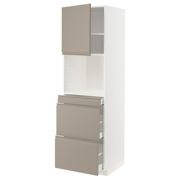 Displays a white METOD kitchen cabinet with beige-beige upplöv doors and drawers featuring integrated handles.