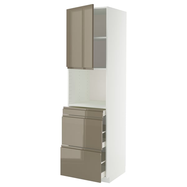 White METOD kitchen unit with dark grey-brown drawers, sleek handles, open & closed storage.