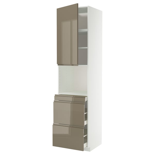 A tall, modern, white kitchen cabinet unit with high gloss dark grey-brown drawers and doors, featuring sleek, integrated handles.