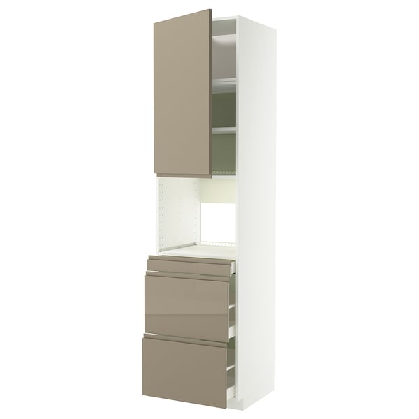 A tall white METOD kitchen cabinet with high-gloss dark grey-brown drawers and a door. It shelves and drawers for storage.