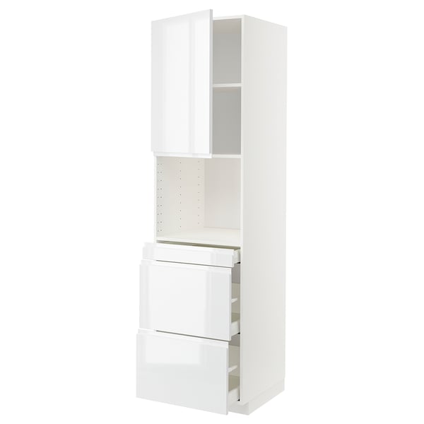 A white METOD kitchen cabinet with high-gloss, handleless drawers and doors. It a tall, rectangular shape with multiple storage compartments.