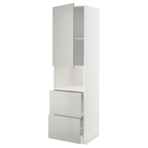 A white METOD kitchen unit with light grey drawers and cabinets, combining modern design with practical storage.
