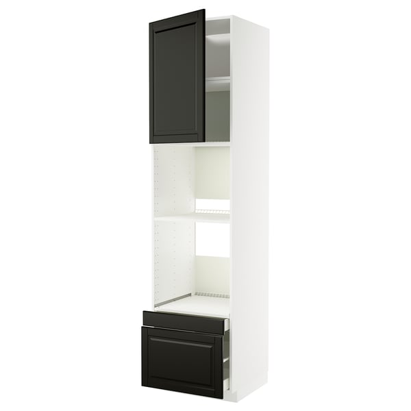 An ikea METOD kitchen cabinet with black bodbyn doors, featuring a tall, white, framed design and multiple storage shelves.