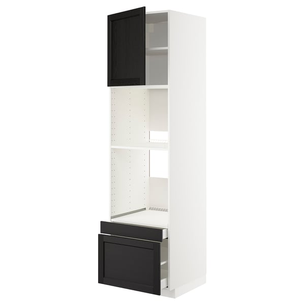 METOD kitchen unit: white with black stained wooden doors, sleek design, four shelves, tall & rectangular.