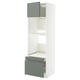 White kitchen cabinet with grey-green drawers and shelves, modern design.