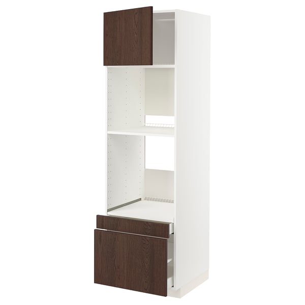 METOD kitchen cabinet, white with dark oak veneer drawer and door, tall, adjustable shelves, smooth-close drawers.