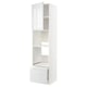 White high gloss kitchen cabinet with integrated handles, tall with shelves and drawers.