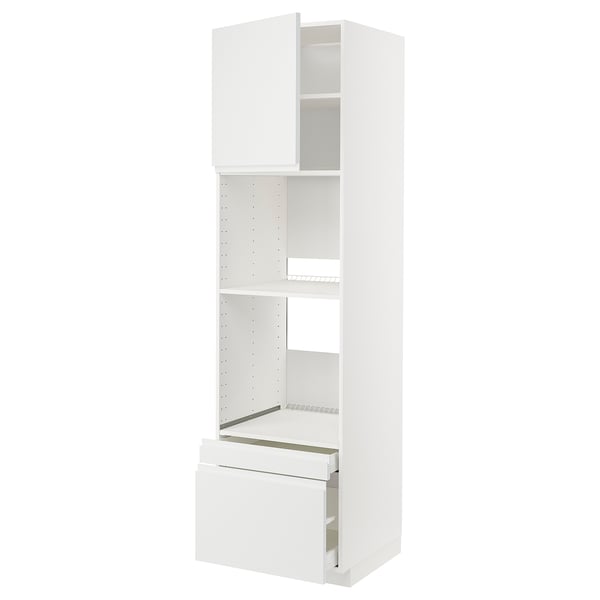 White METOD cabinet. Tall, modern kitchen unit with open shelves and drawers.