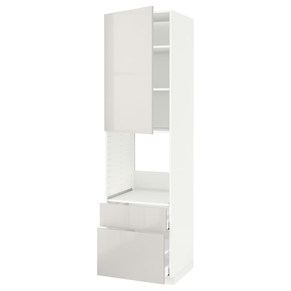 White kitchen cabinet, high gloss, modern design with drawer and shelf.