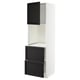 Ikeas METOD kitchen unit in black with white cabinet. Two drawers, one open shelf, and a closed cupboard, designed with beveled edges.