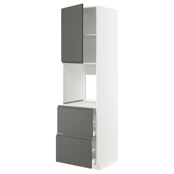 White and gray modern kitchen cabinet with adjustable shelf and soft-close drawers.