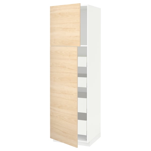 White METOD kitchen cabinet with light ash doors, tall and narrow, open shelves.