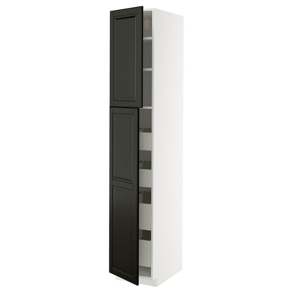 This image shows a vertical, white, and black cabinet from the METOD kitchen system. It two black doors with beveled edges and three shelves inside.