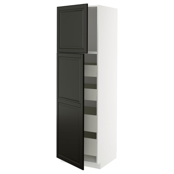 This image shows a tall white kitchen cabinet with black doors and shelves. It two black doors with bevelled edges and adjustable interior shelves.