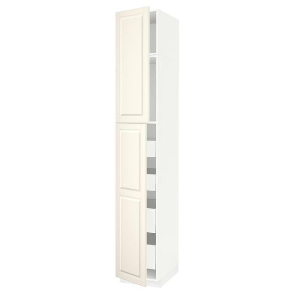 A white METOD kitchen cabinet with a traditional design, featuring multiple shelves and a bevelled edge door.