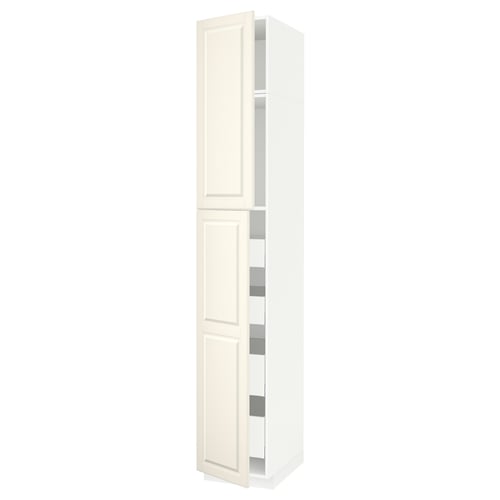 A white METOD kitchen cabinet with a traditional design, featuring multiple shelves and a bevelled edge door.