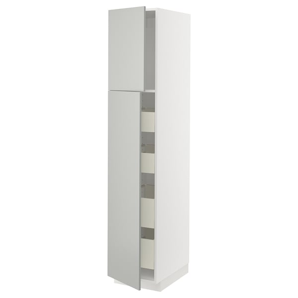 Modern grey METOD wall cabinet, tall with multiple shelves, sleek design.