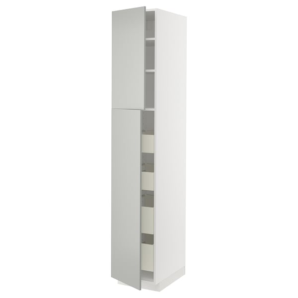 White METOD cabinet with light grey havstorp doors, modern design, tall rectangular shape, multiple shelves inside.
