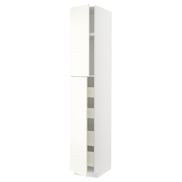 White METOD kitchen cabinet with vallstena fronts, tall, modern design, sleek edges.