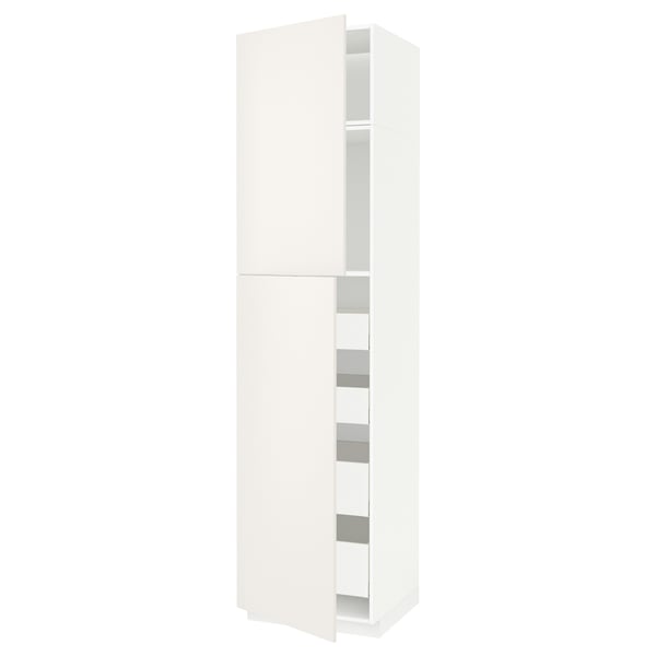 A white METOD kitchen cabinet with smooth, clean lines. Its an upright storage unit with adjustable shelves inside.