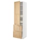 Modern kitchen unit, white & light wood. Tall cabinet, open door, 3 shelves, 3 drawers.
