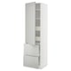 White kitchen cabinet, tall and slim, modern design, light grey, with drawers and shelves.